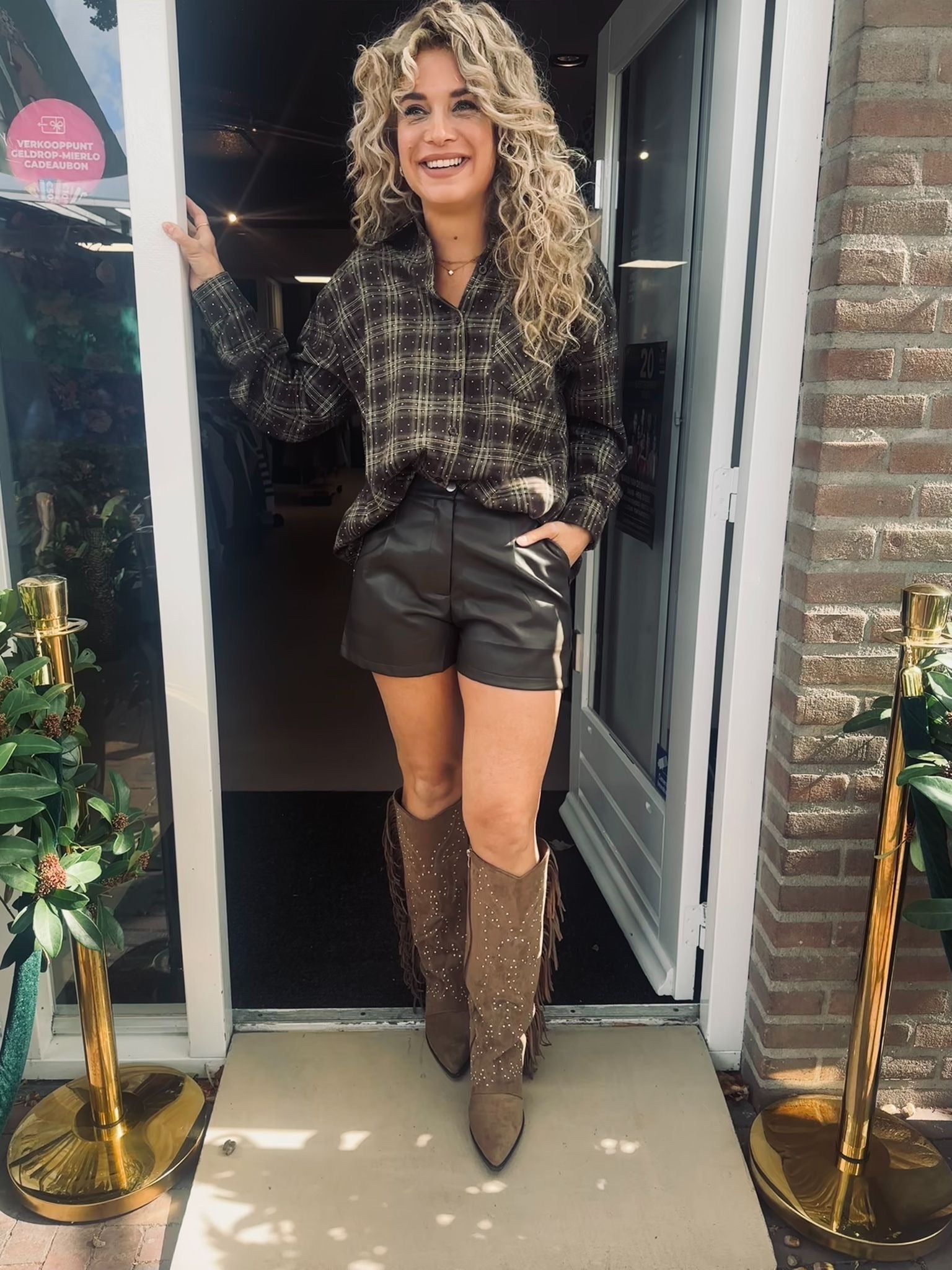 Groen/bruin Faux Leather Short Dames | Lederlook Broekje met Hoge Taille