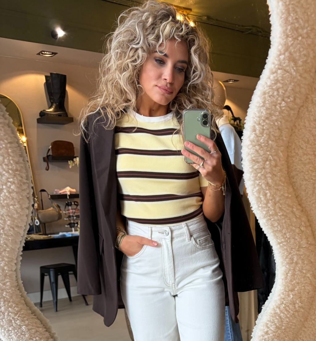 Geel Bruin Gestreepte Top Dames | Korte Mouw Shirt met Strepen