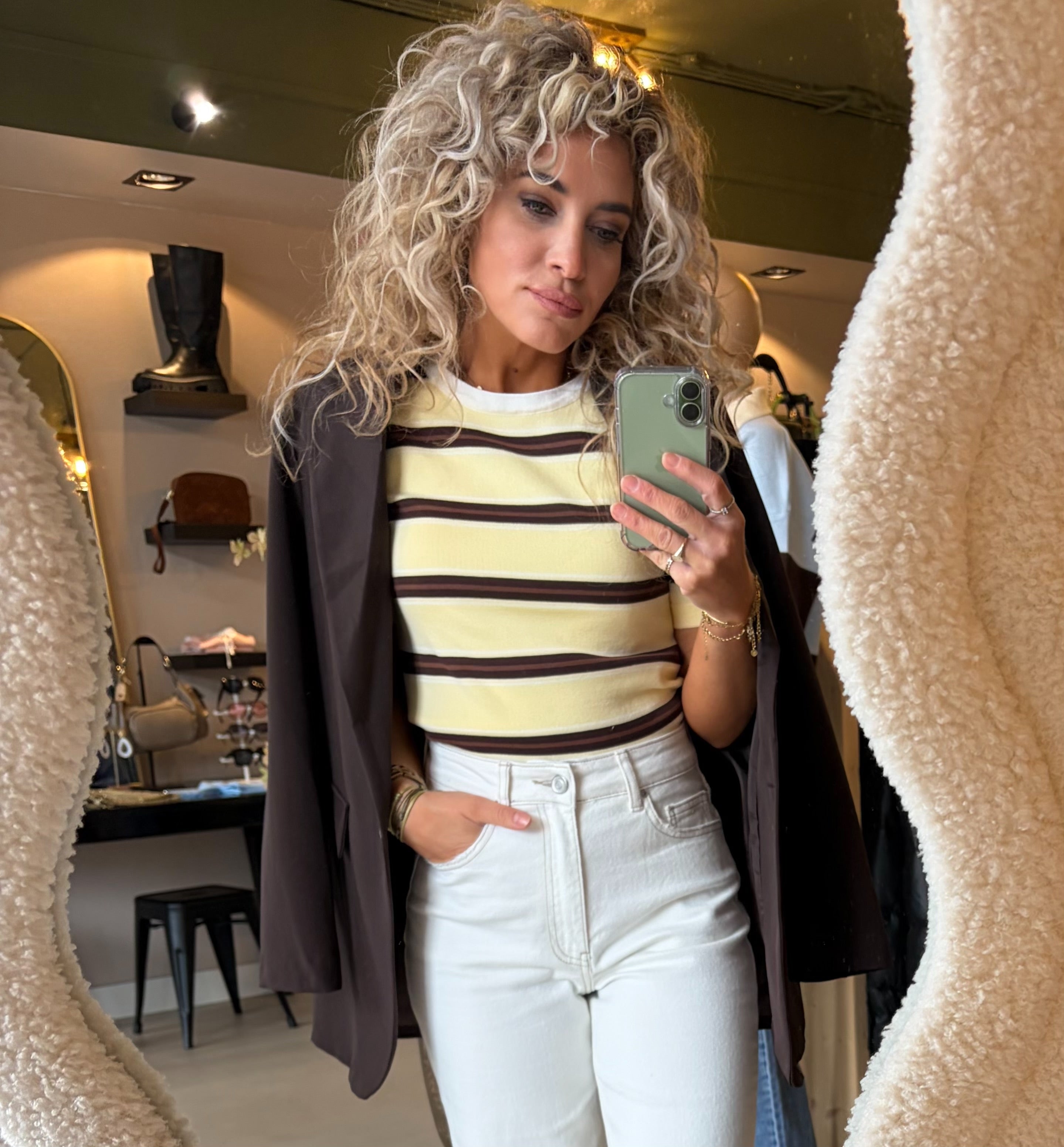 Geel Bruin Gestreepte Top Dames | Korte Mouw Shirt met Strepen