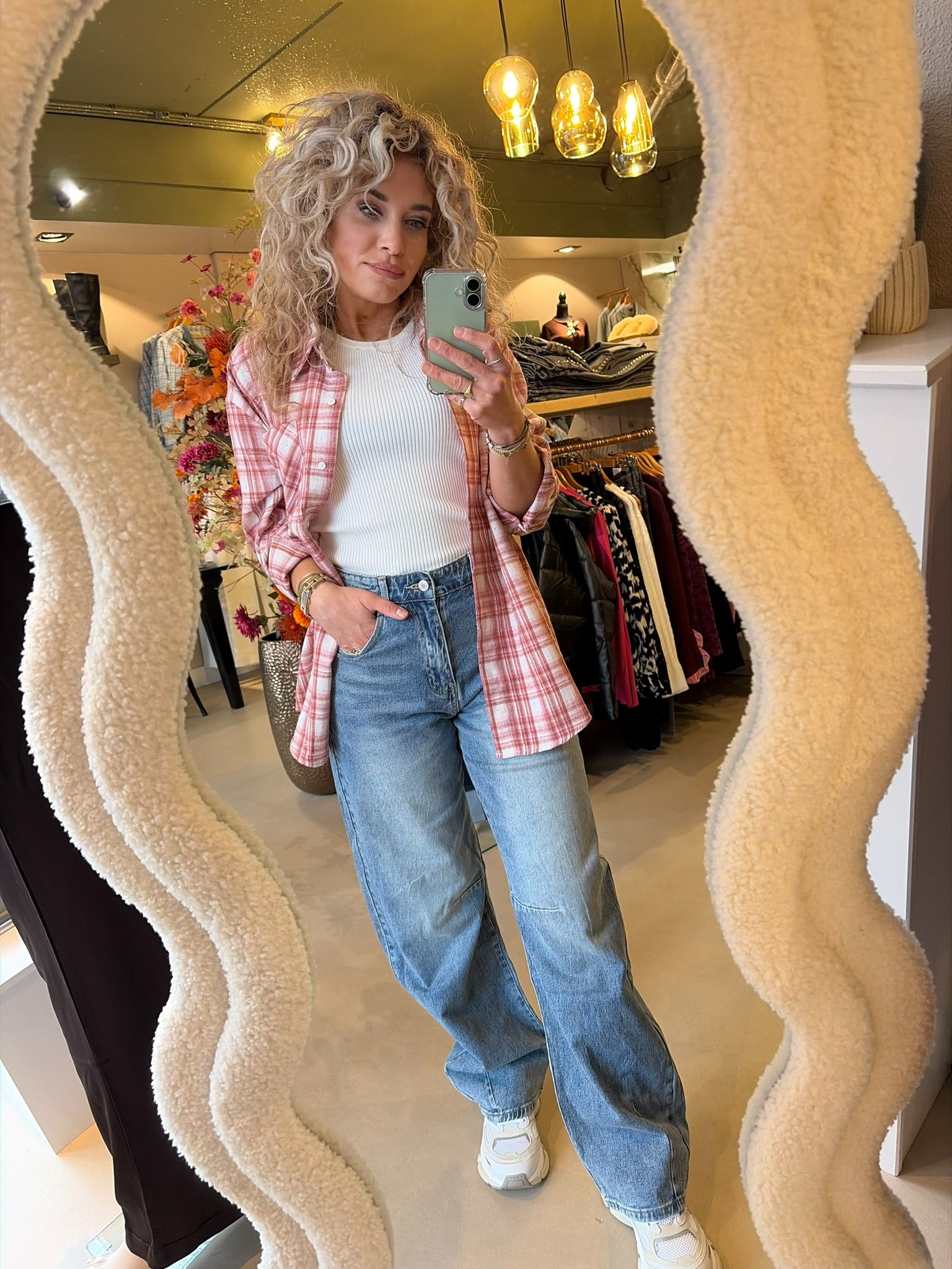 Roze Geruite Blouse Dames |Oversized Blouse met Ruitprint en kleine glinster