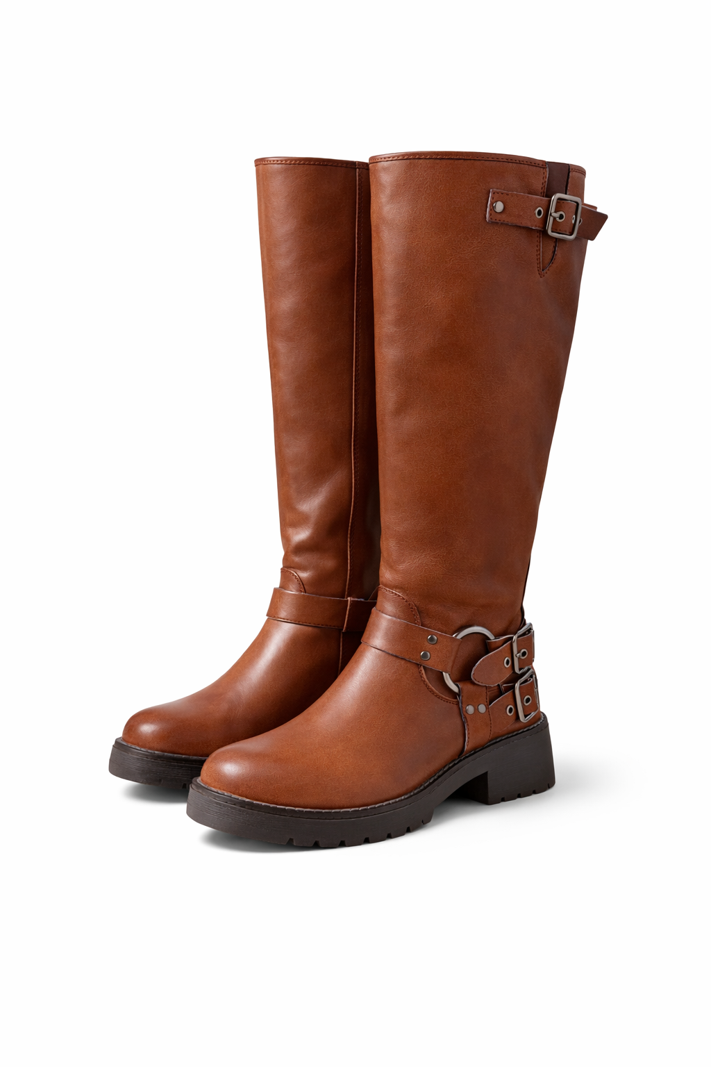 Cognac Hoge Laarzen met Gespen en Stoere Zool