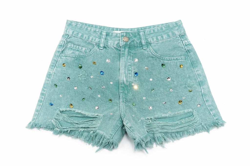 Mintgroene Denim Short met Steentjes | Queen Hearts