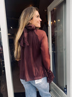 Donkerbruine Chiffon Blouse Dames | Elegante Top met Strikdetail en Ruffle Mouw