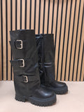 Zwarte Biker Laarzen Dames met Gespen | Hoge Boots met Chunky Zool