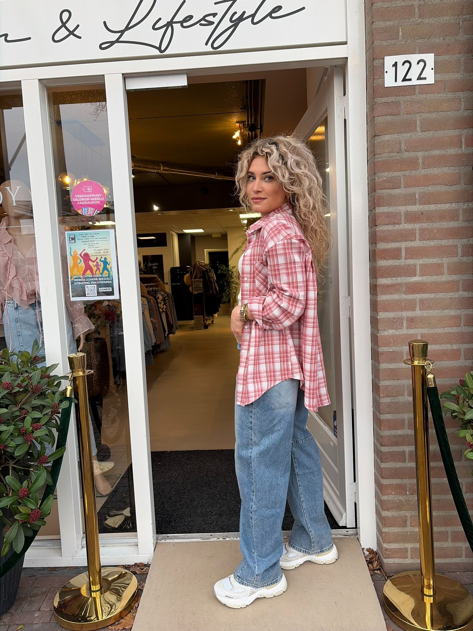 Roze Geruite Blouse Dames |Oversized Blouse met Ruitprint en kleine glinster