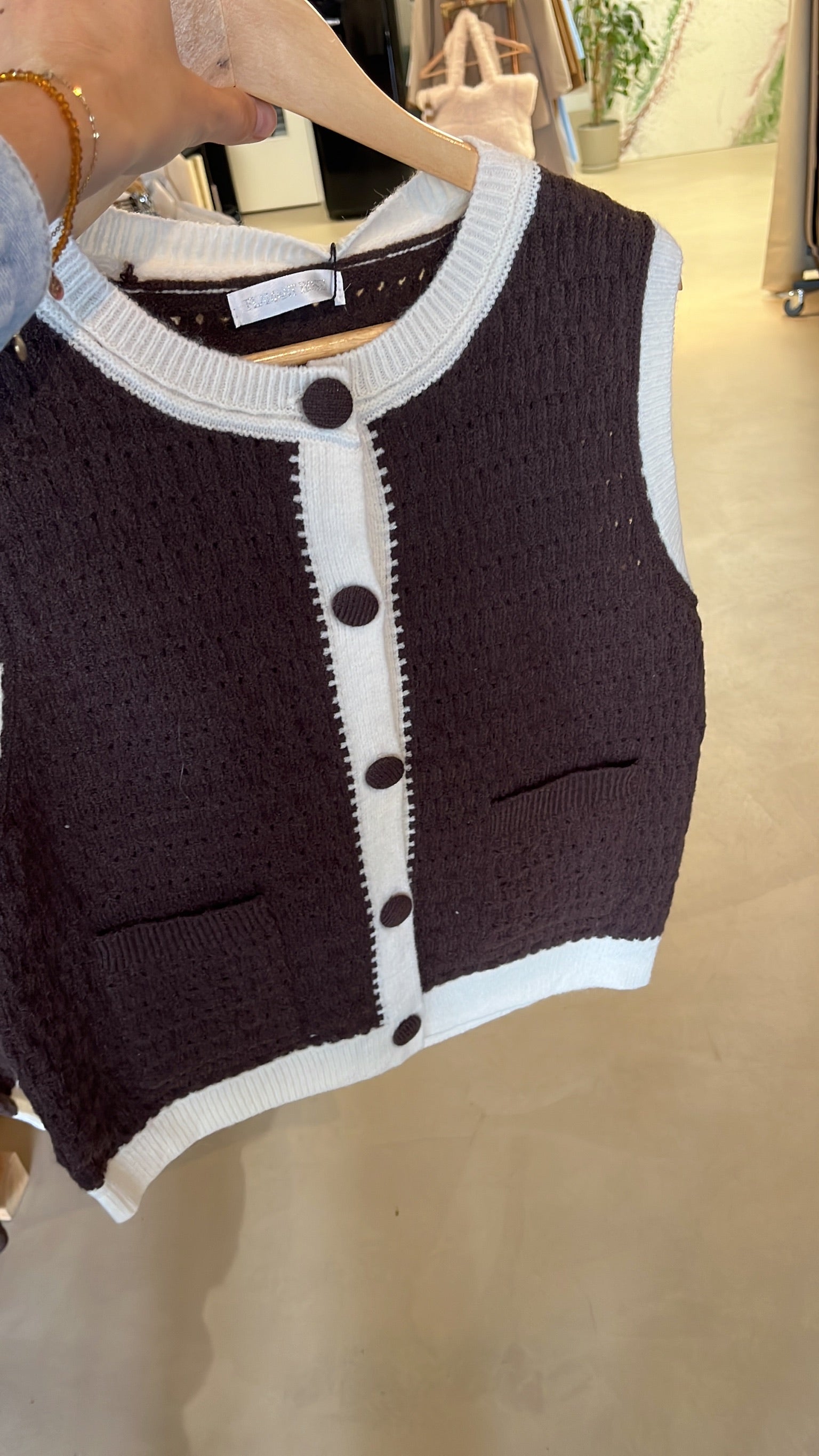 Bruin-Wit Gebreid Gilet | Dames cardigan