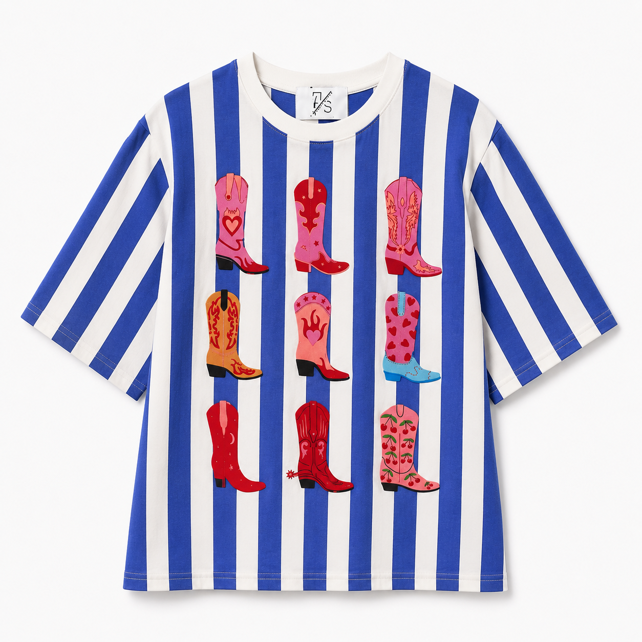 Blauw Gestreept Cowboy Boots T-shirt | JS millennium