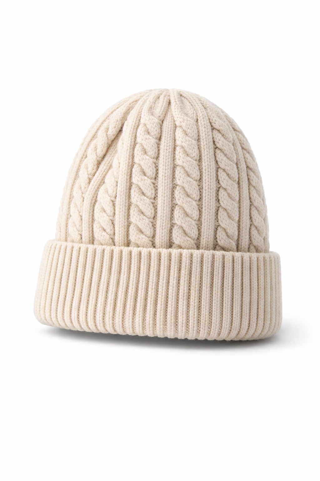 Beige dames dames muts met kabelstructuur | Gebreide wintermuts met omslag