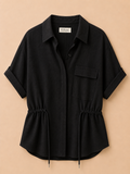Zwarte Linnen Blouse met Taillekoord | Effeny