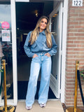 Blauw cropped dames jasje met borstzakken | Trendy kort bomberjack