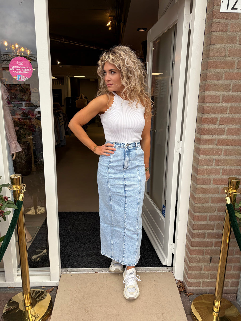 Queen Hearts Denim Maxi Rok | Lichtblauwe Hoge Taille Rok met Split