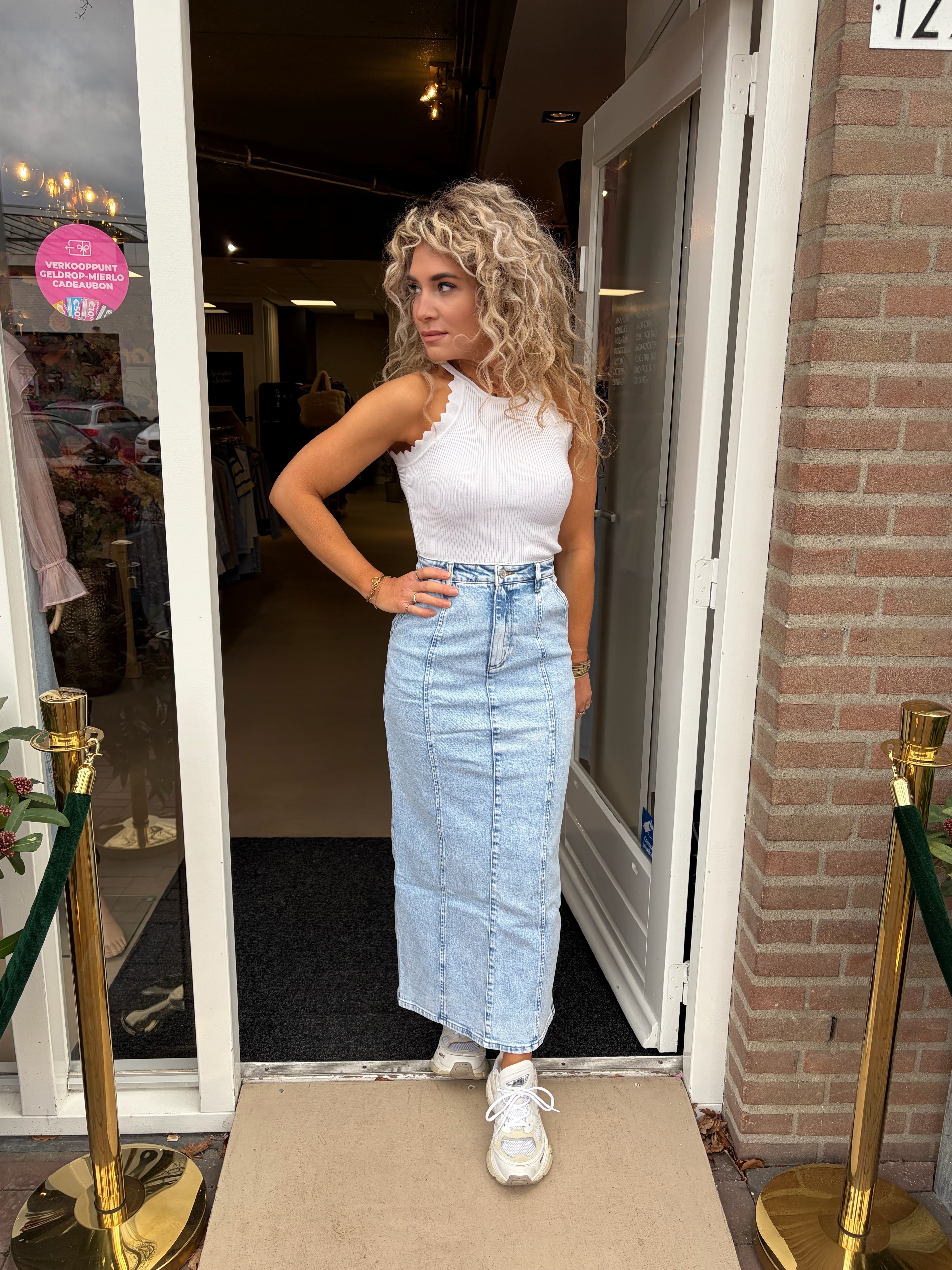 Queen Hearts Denim Maxi Rok | Lichtblauwe Hoge Taille Rok met Split