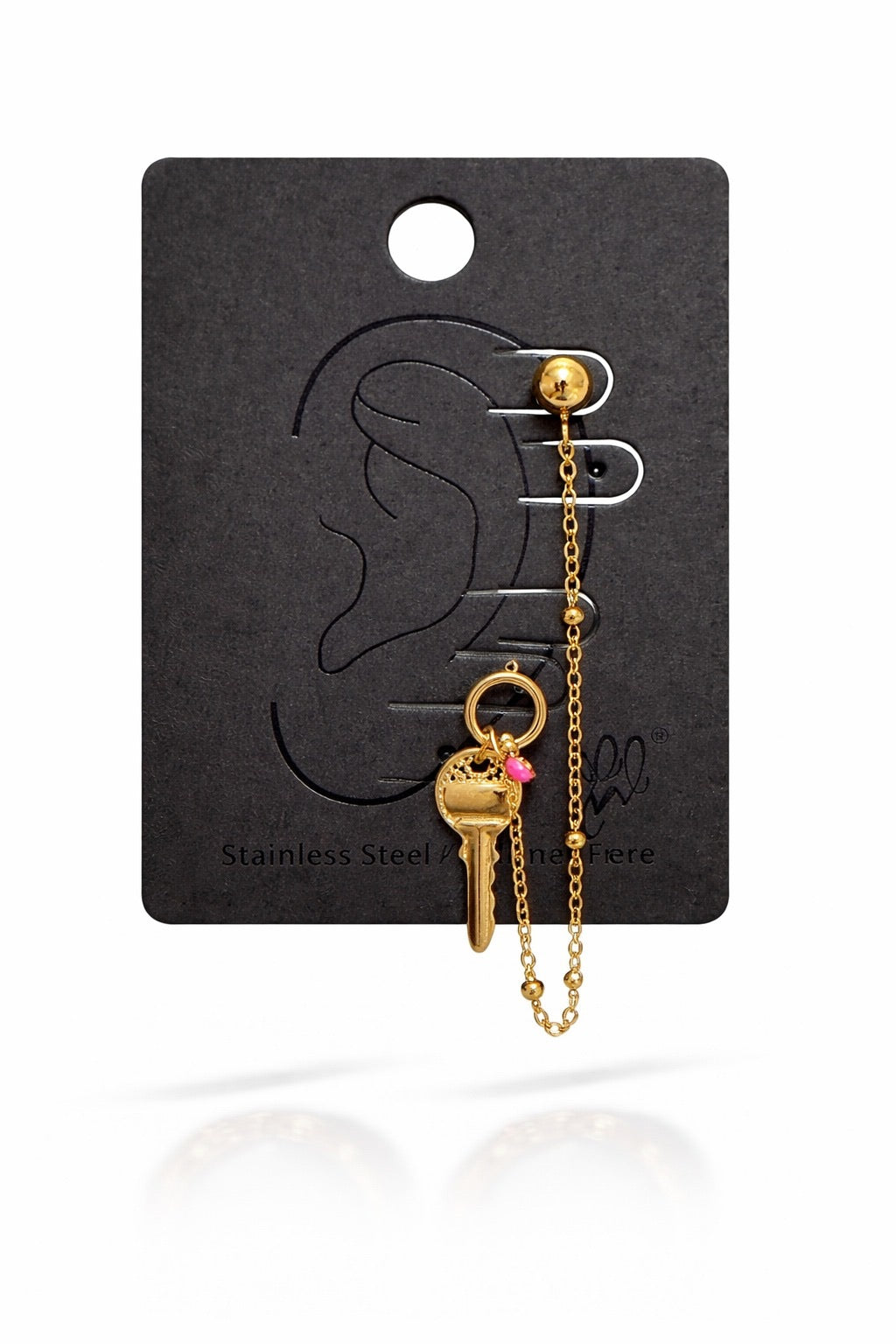 Goudkleurige Oorbel met Sleutel Bedel & Ketting (2 Gaatjes) | Stainless Steel