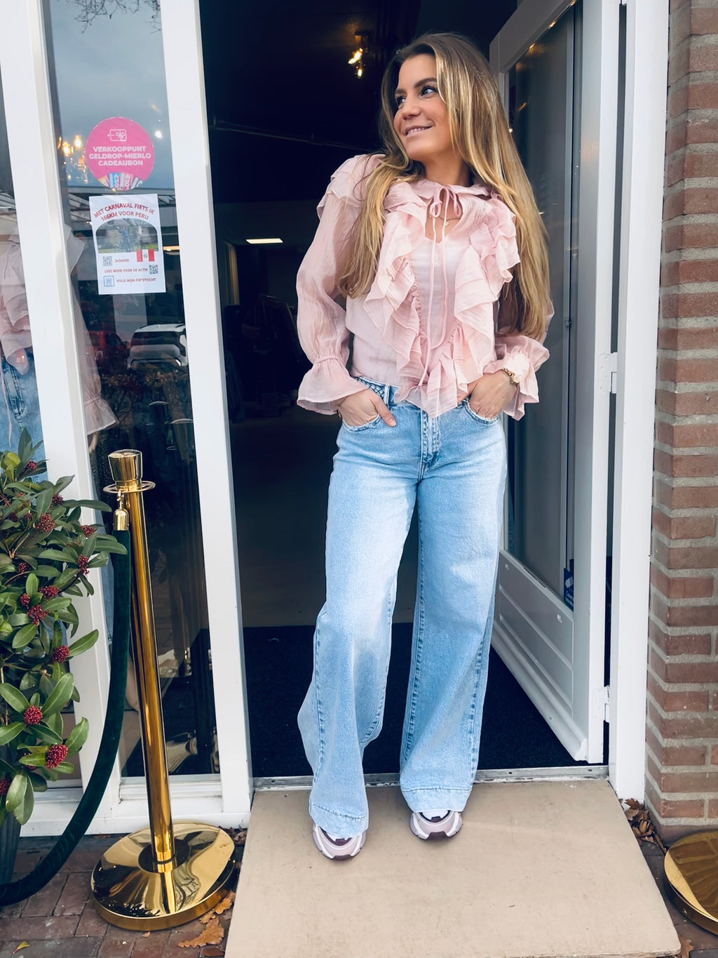 Blush Roze Ruffle Blouse Dames | Romantische Chiffon Top met Strik