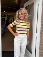 Geel Bruin Gestreepte Top Dames | Korte Mouw Shirt met Strepen