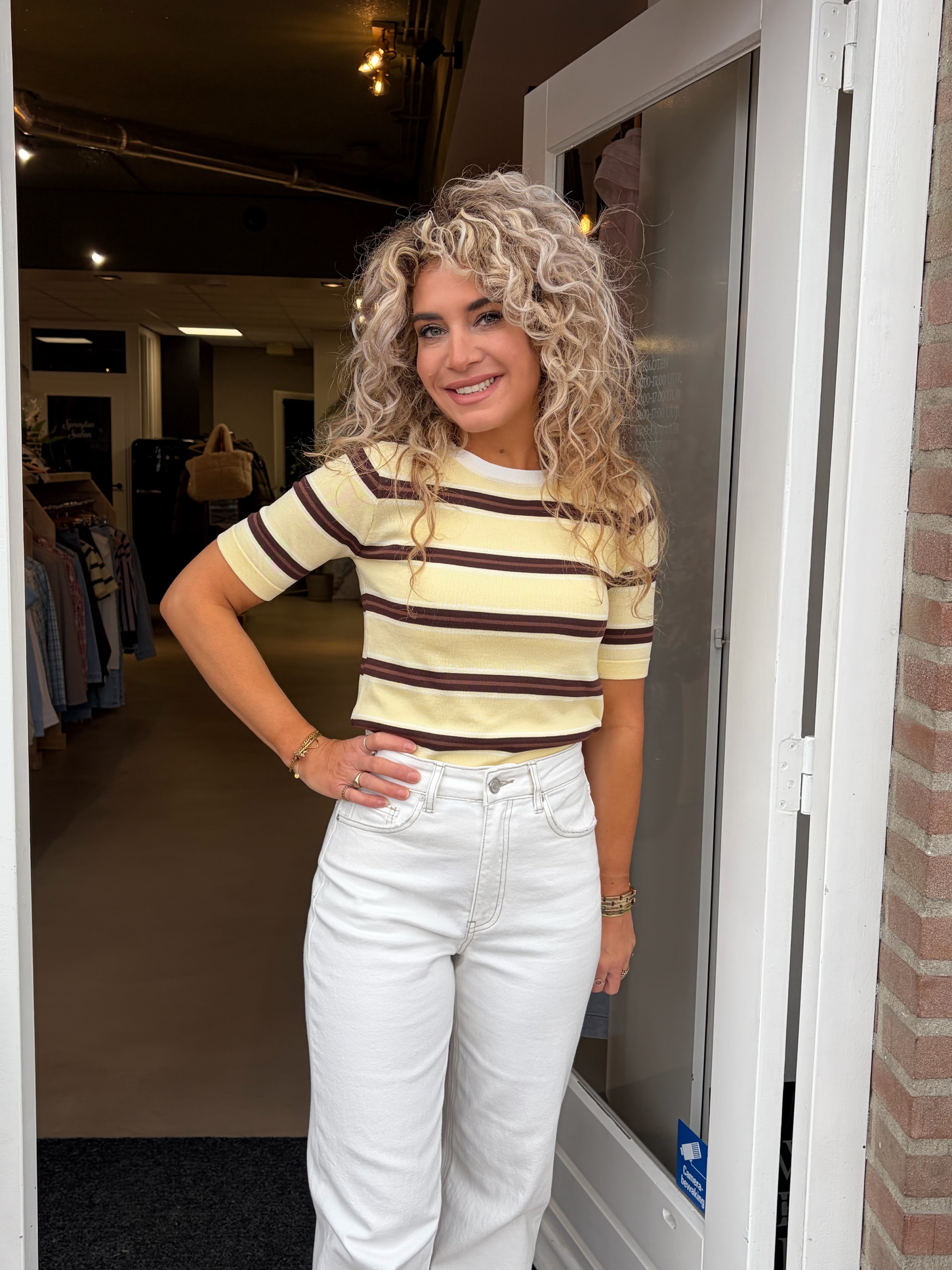 Geel Bruin Gestreepte Top Dames | Korte Mouw Shirt met Strepen