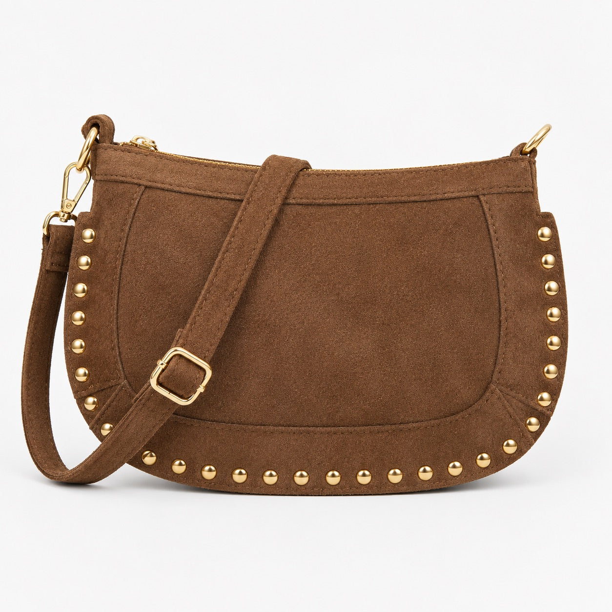 Bruine Schoudertas met Gouden Studs | Echt Leder
