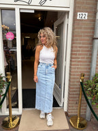 Queen Hearts Denim Maxi Rok | Lichtblauwe Hoge Taille Rok met Split