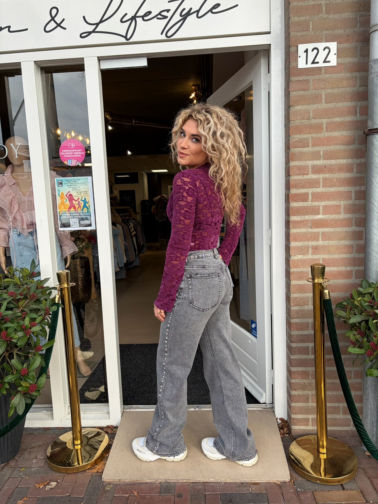 Paarse kanten body dames | Elegante lace top met lange mouwen