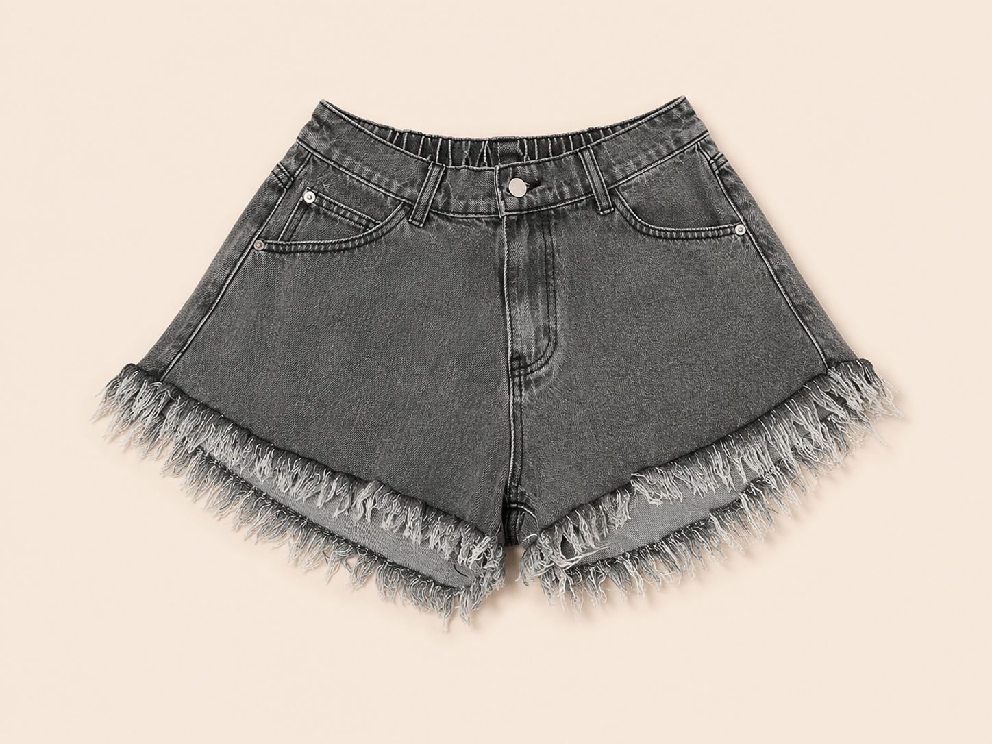 Grijze Denim Short met Fringe Details | Mockhy