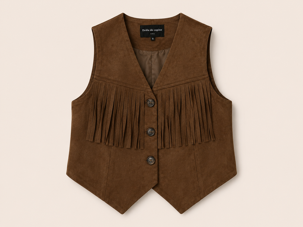 Donkerbruin Suède Look Gilet met Franjes | Drôle de Copine