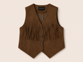 Donkerbruin Suède Look Gilet met Franjes | Drôle de Copine