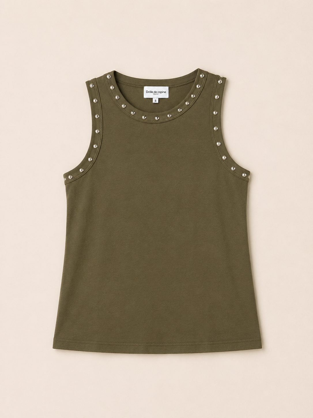 Olijfgroene tanktop met studs | Drôle De Compine