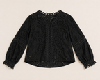 Zwarte Broderie Blouse met V-Hals en Pofmouwen | Choklate