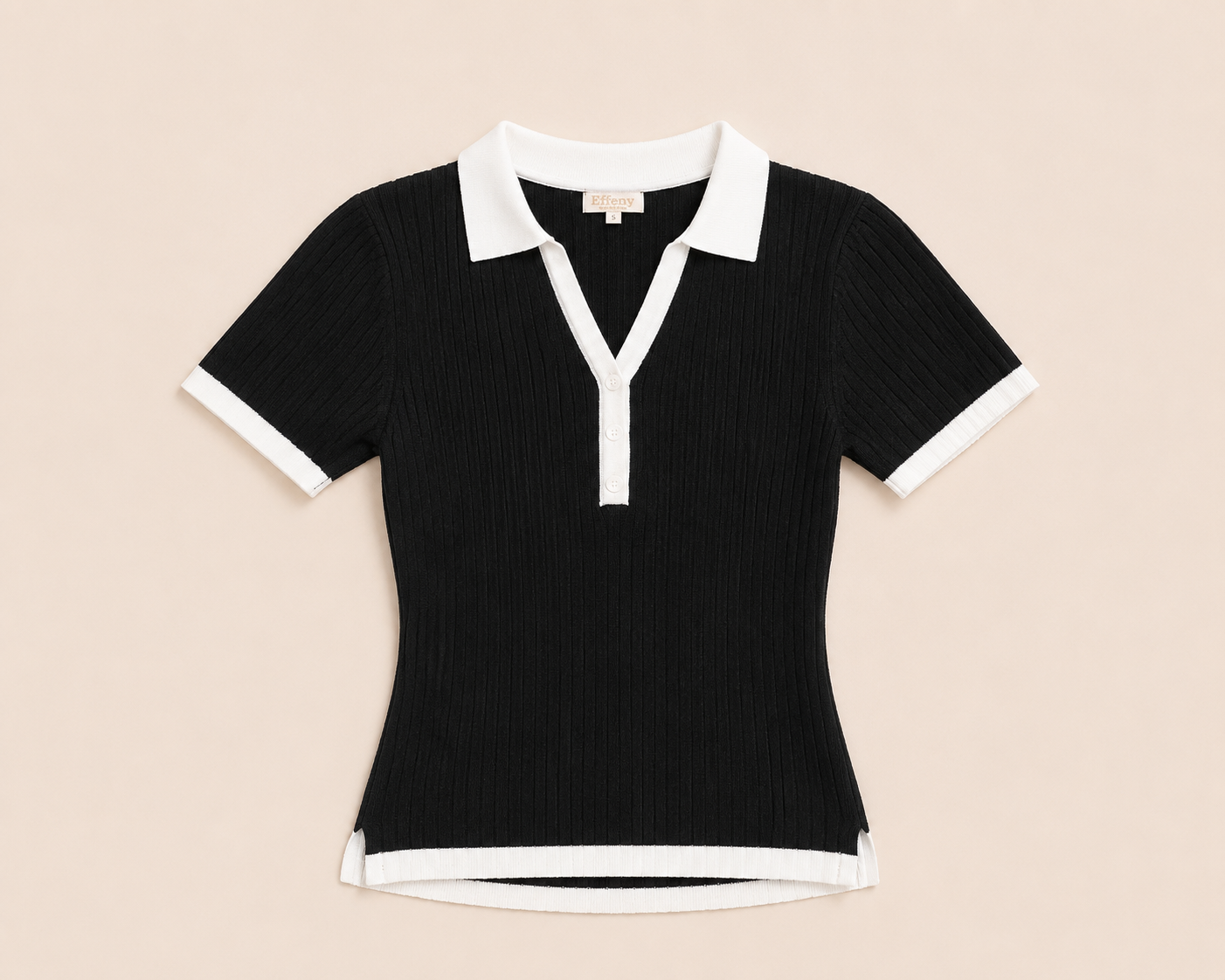 Zwarte Rib Polo Top met Witte Kraag | Effeny