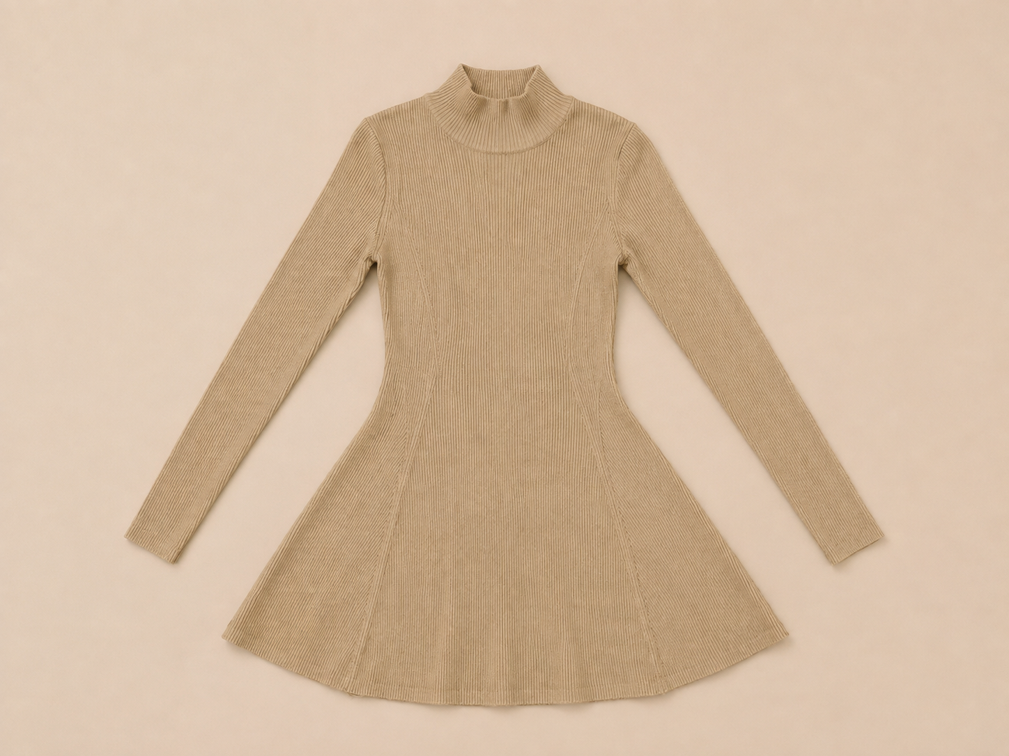 Beige Ribgebreide A-Lijn Jurk met Col | Effeny