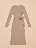 Beige Ribgebreide Midi Jurk met Strikceintuur | Effeny