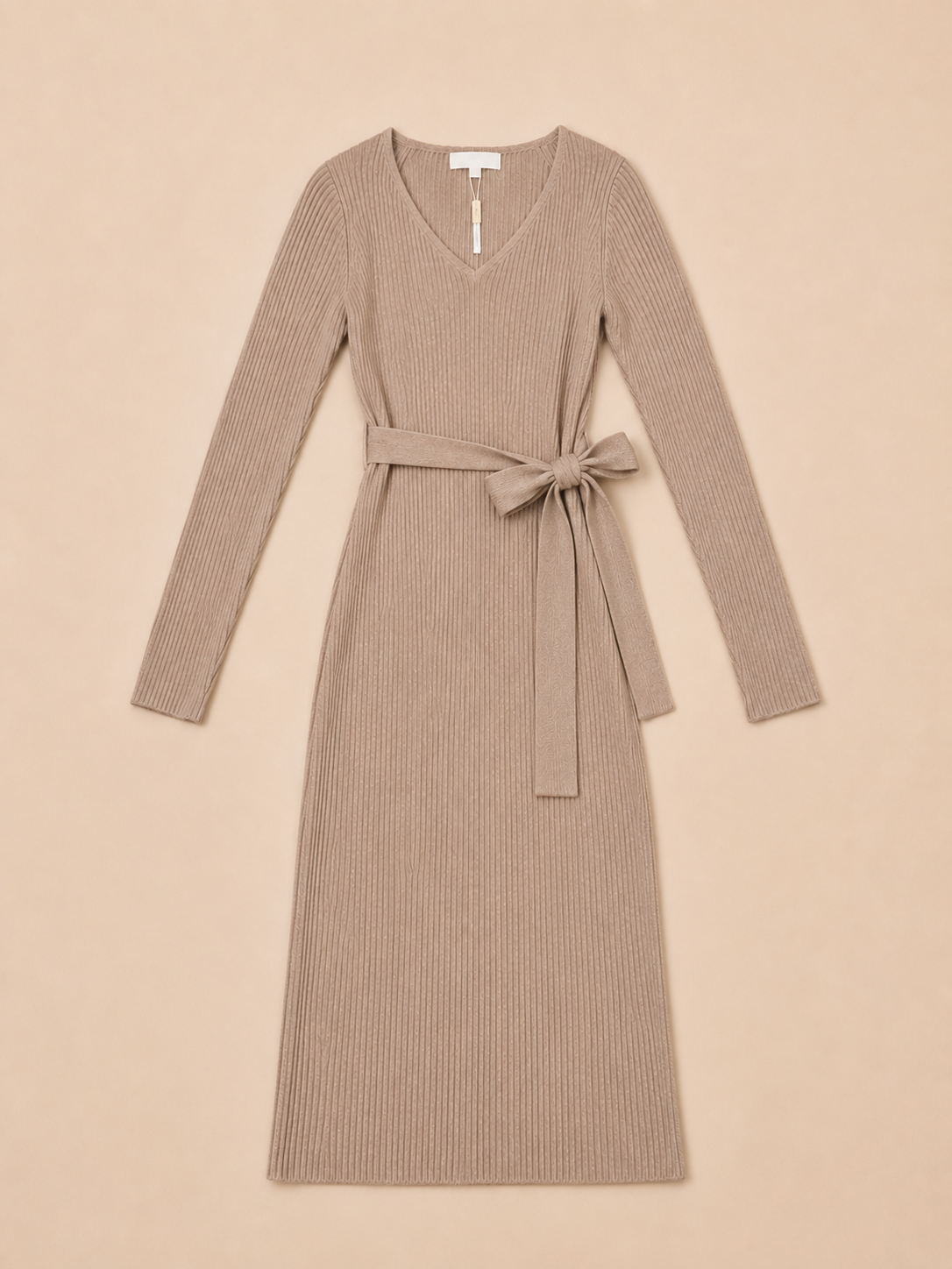 Beige Ribgebreide Midi Jurk met Strikceintuur | Effeny