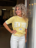 Gele New York Top Dames | Fijngebreide T-Shirt Trui met Tekstprint