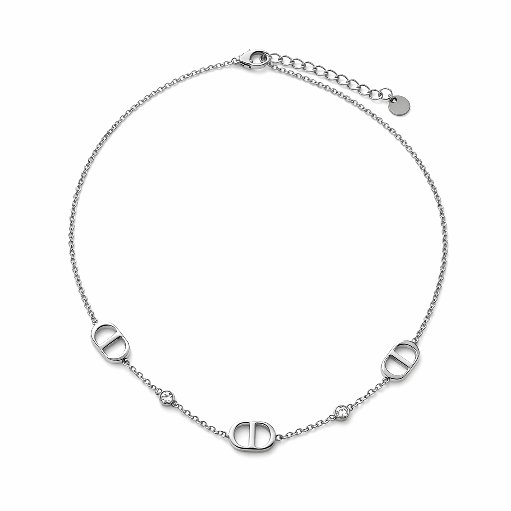 Stainless Steel Zilveren Luxe Ketting met Ovale Details & Steentjes | Waterproof