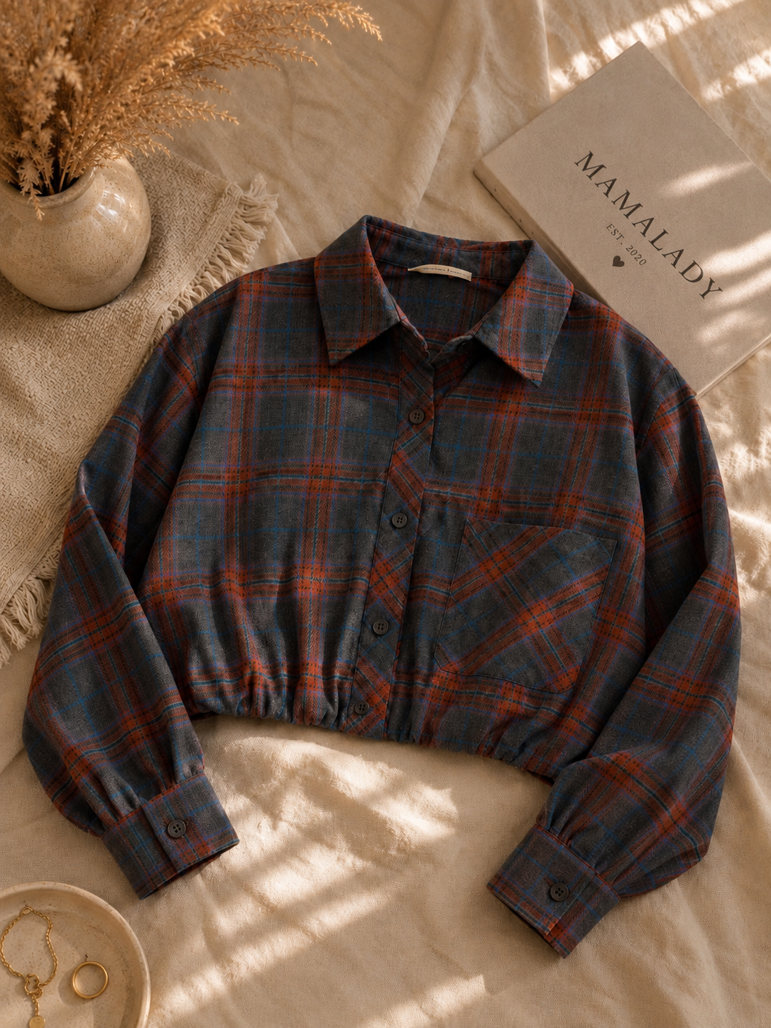 Cropped Geruite Blouse Dames - Blauw/Bruin
