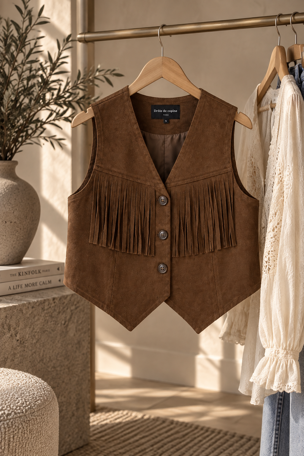 Donkerbruin Suède Look Gilet met Franjes | Drôle de Copine