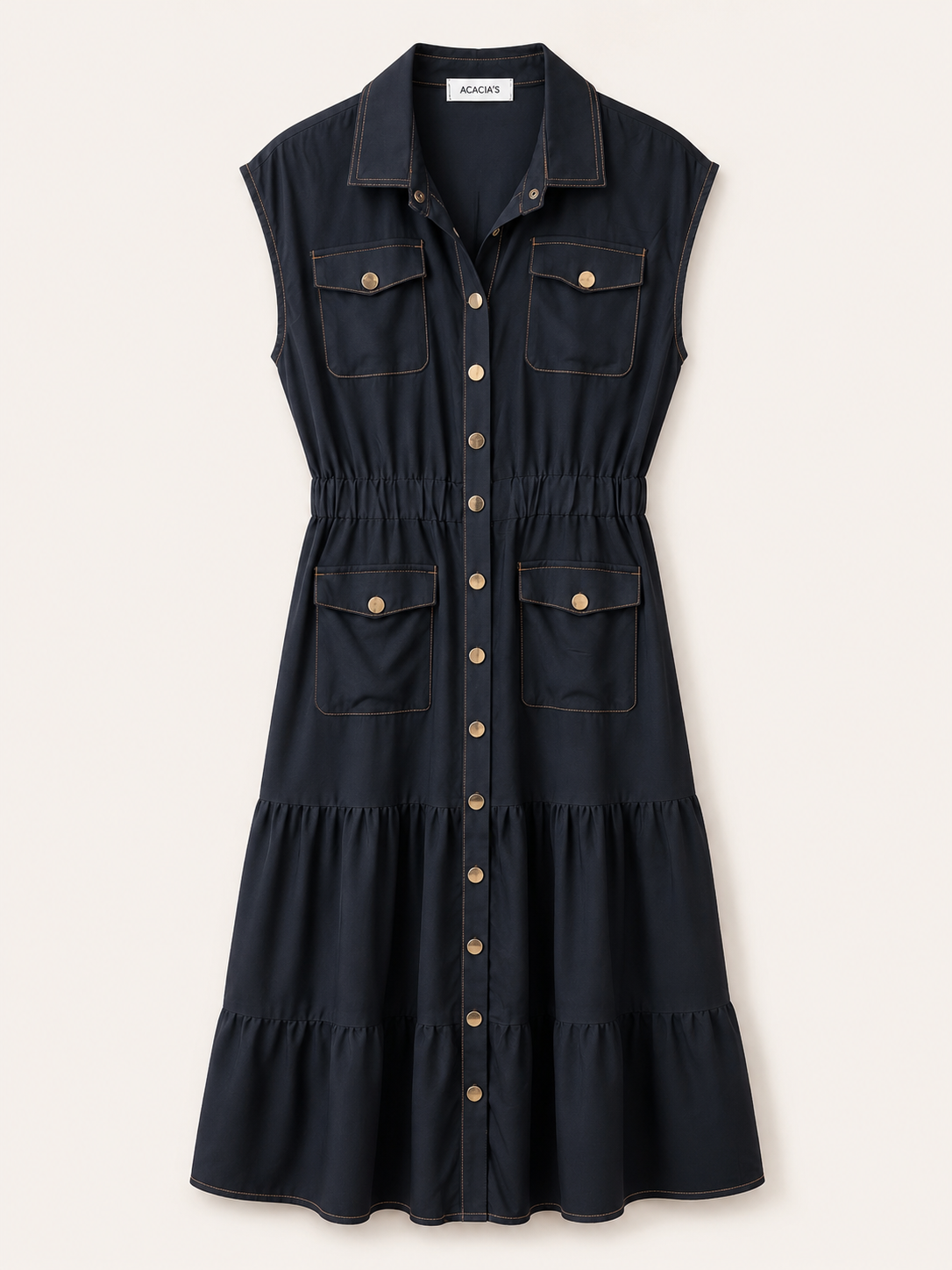 Zwarte Midi Jurk met Gouden Knopen